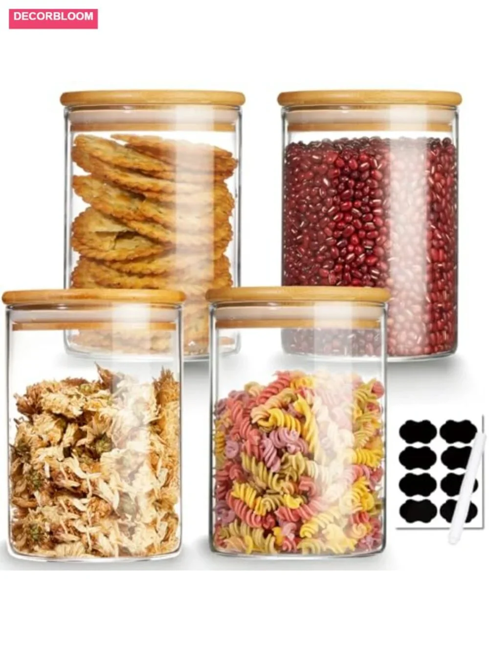 4 Pack Glass Storage Jars with Airtight Bamboo Lids, 27 oz Canisters